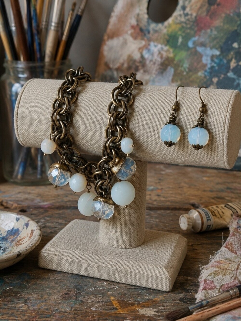 Angela Rustini Stone Glass Moonstone Bracelet and Pierced Earrings Brass Tone